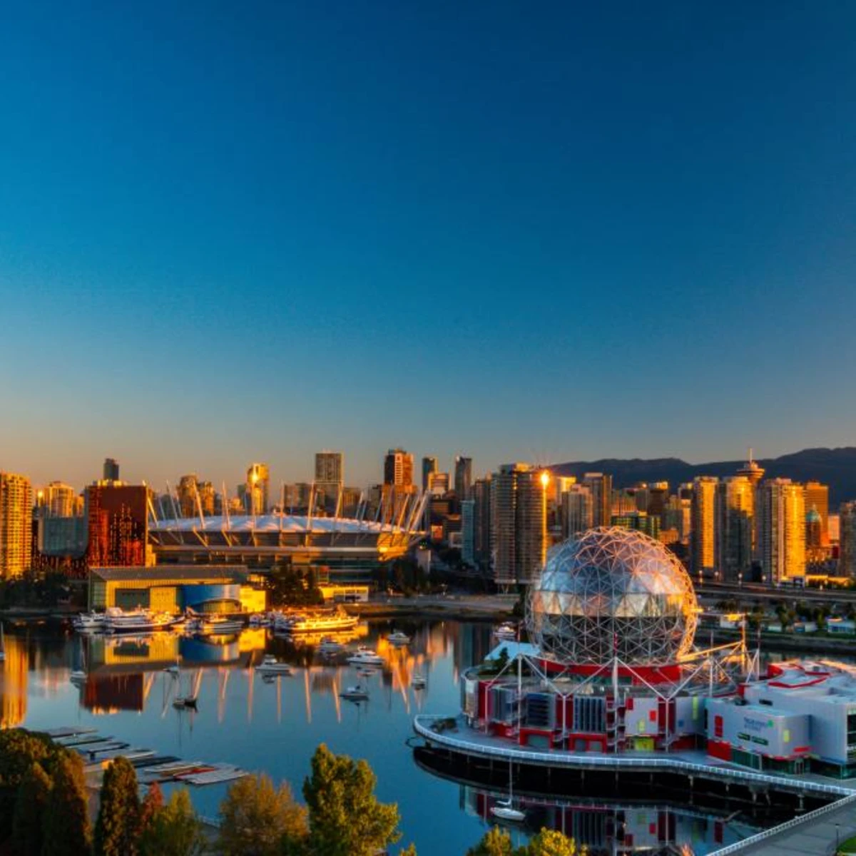 Vancouver skyline towards the end of sunset with globe.