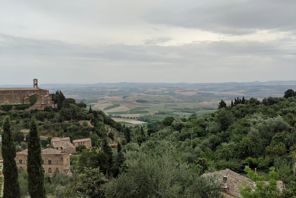 Views of rolling hills of Tuscany.