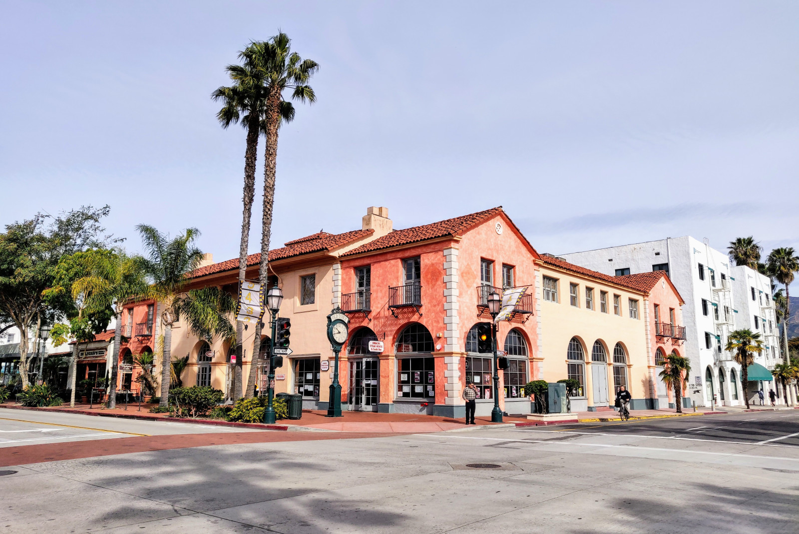 Palm tree and colorful buildings in downtown Santa Barbara
