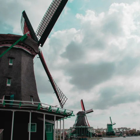Windmills beside body of water in Netherlands
