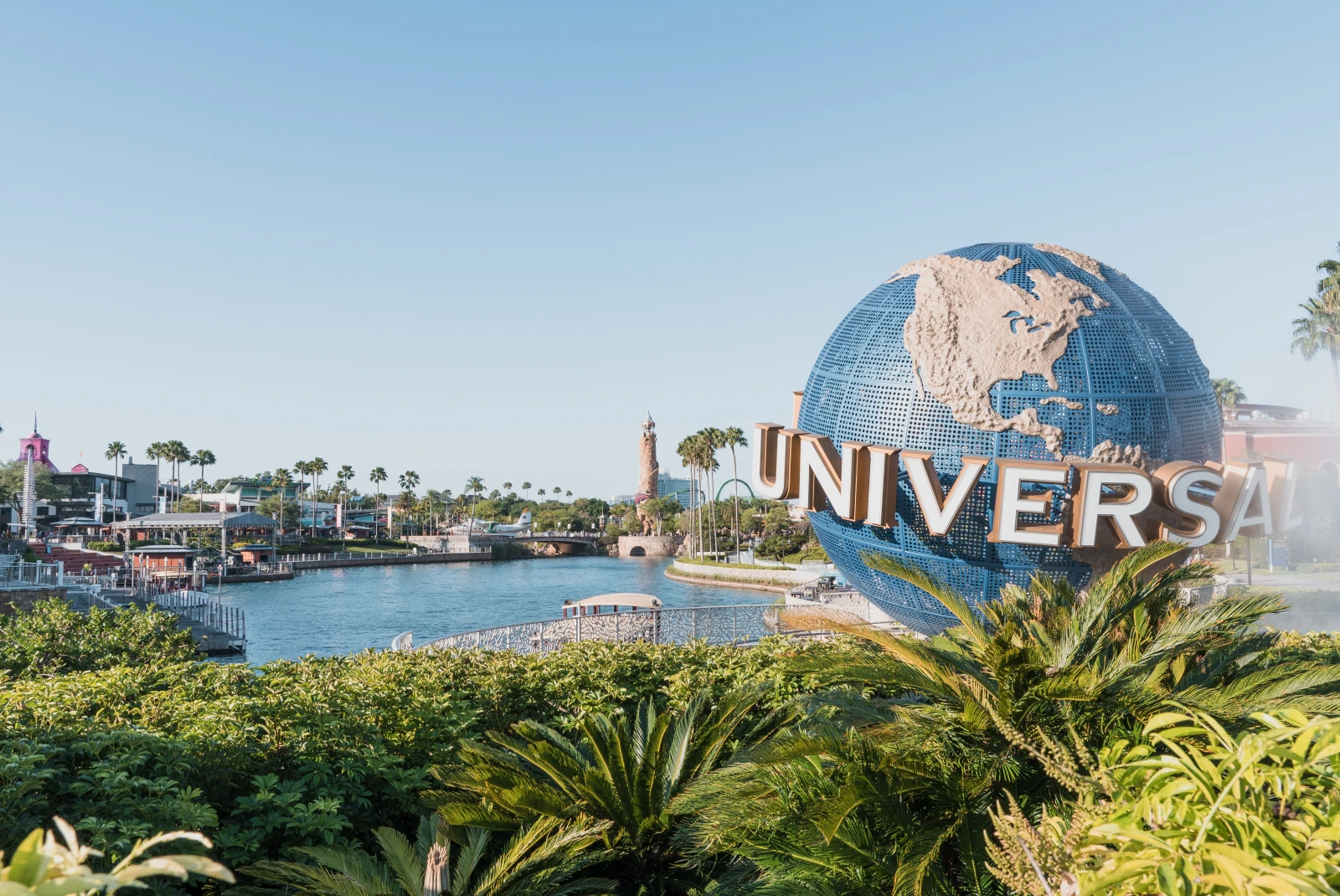 A view of Universal studio globe with lake