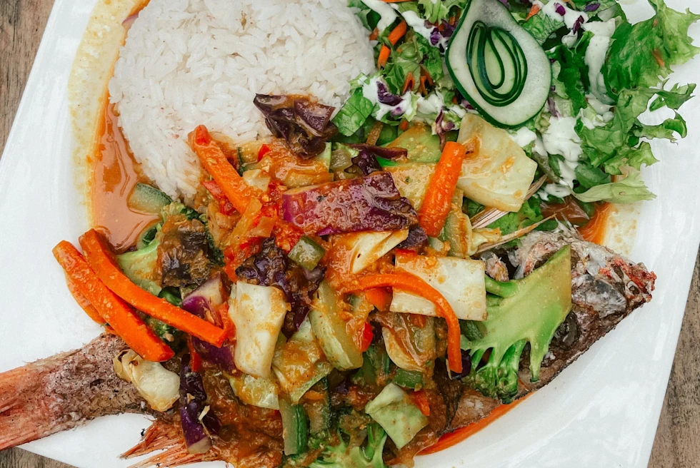 Rice & Beans W/ Red Snapper at La NENA, a Caribbean restaurant.