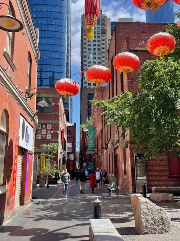 Street with chinese umbrellas on top. 