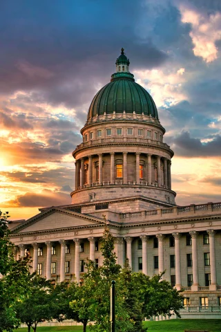 Capitol building with an orange and blue sky in Salt Lake City