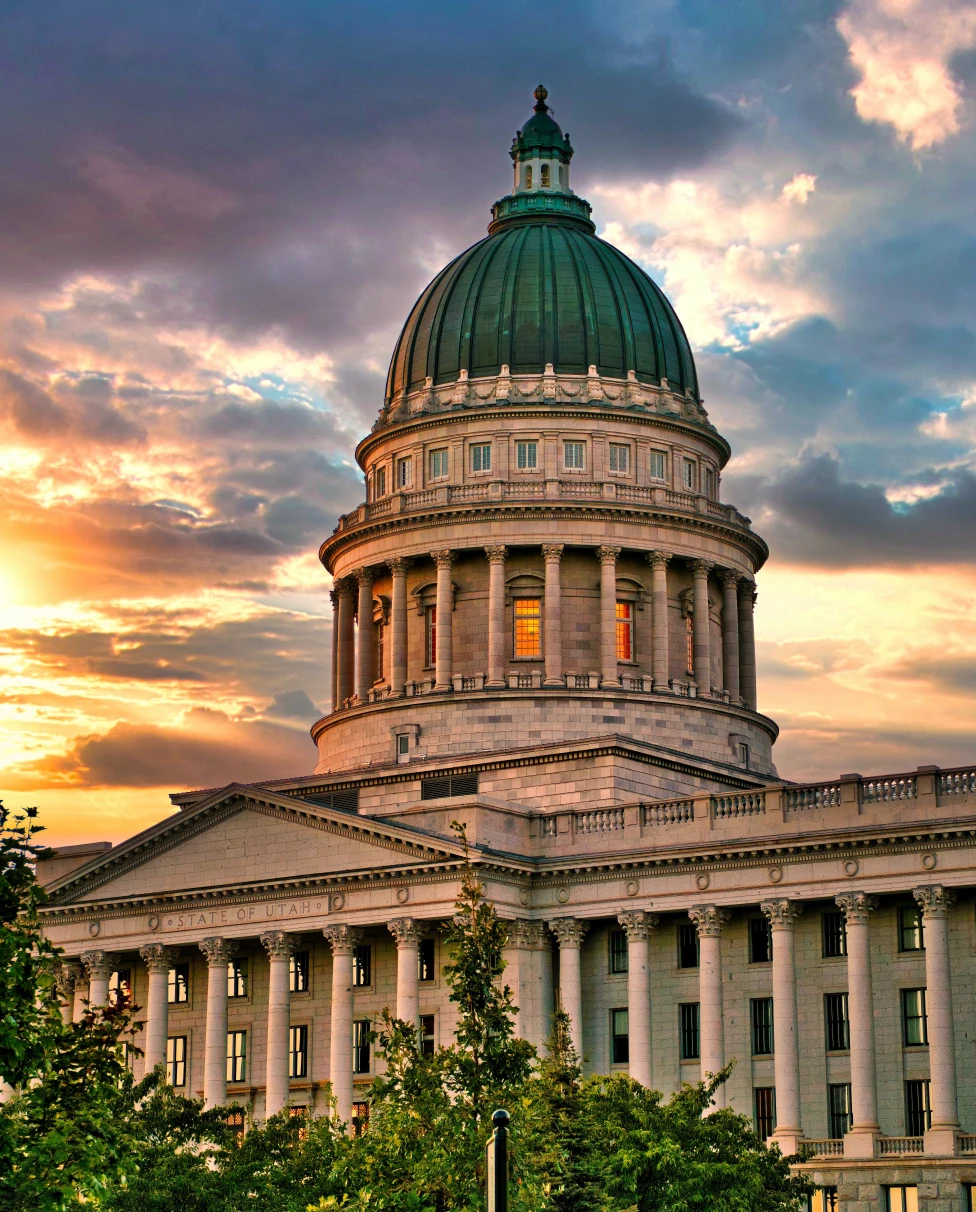 Capitol building with an orange and blue sky in Salt Lake City