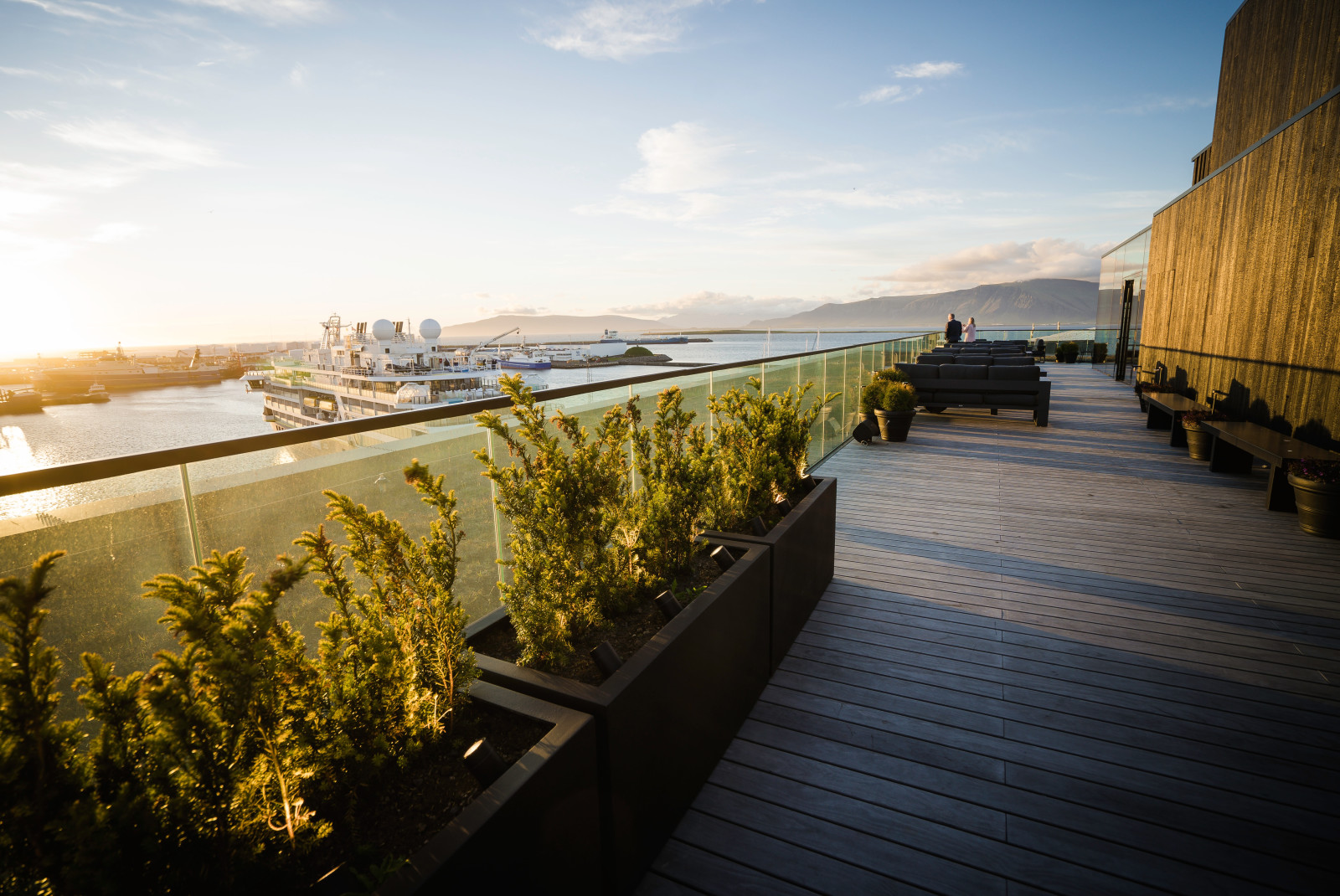 Rooftop with garden boxes overlooking city during daytime