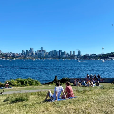 A picture of people sitting on a grassy lawn with a view of the sea and Seattle skyline in the distance. 
