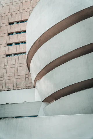 A spiral white building in New York. 