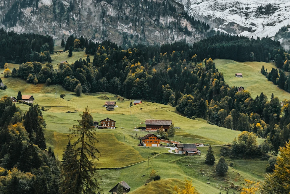 Aerial photograph of houses and mountains
