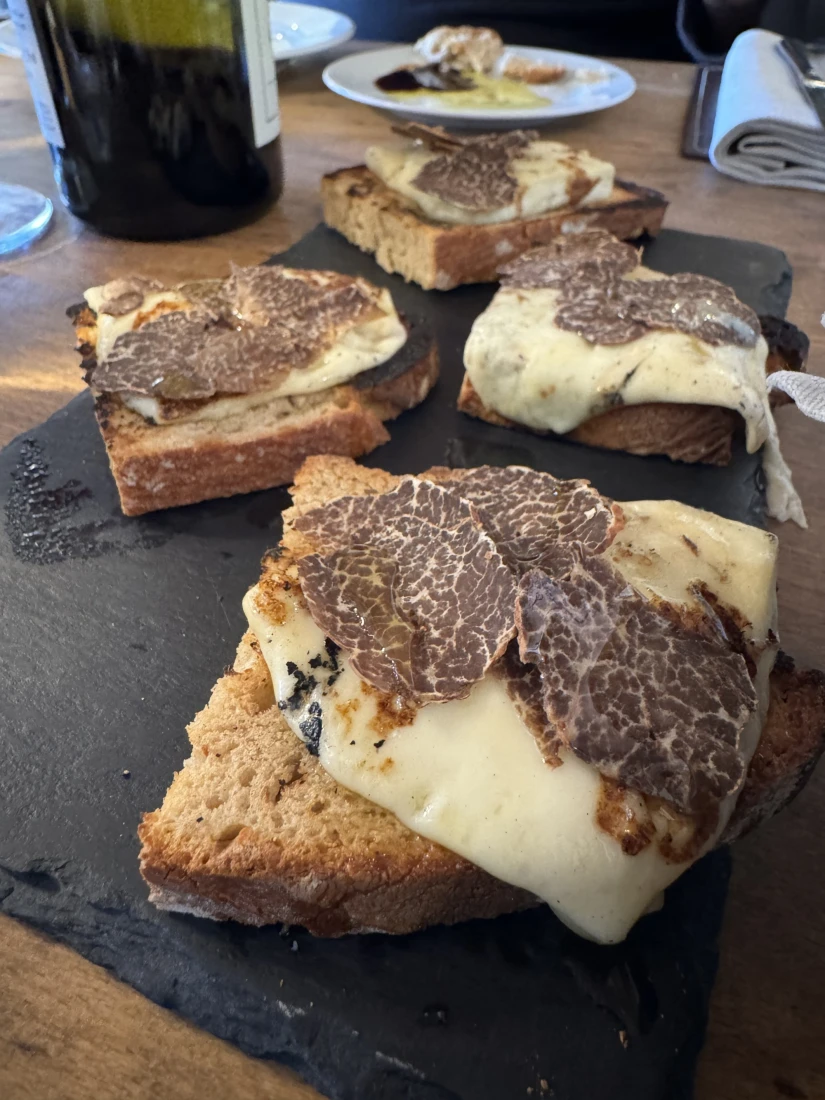a black plate of toast covered in cheese and shave black truffles
