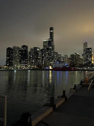 The Chicago skyline lit up at night.