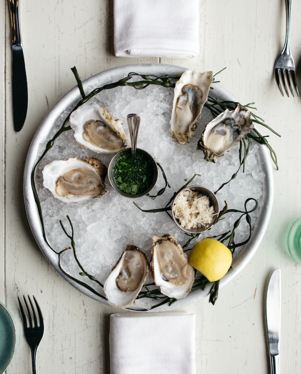 oysters and a small tin of green sauce on a bowl of ice