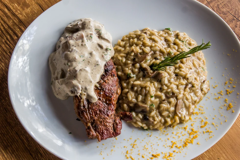 A food plate with meat and some grains