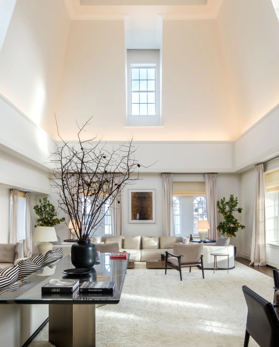 Sleek, modern living room with potted branches