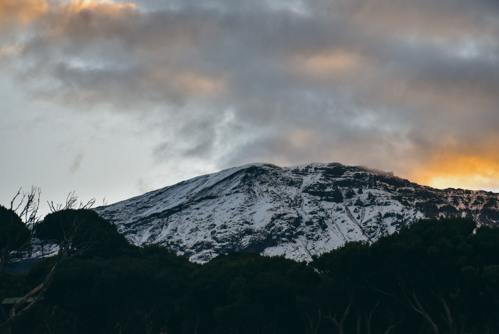 snow capped mount kilimanjaro at sunrise with orange and white skies
