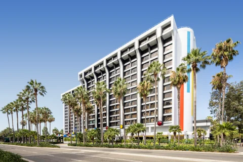 The outside of a white hotel surrounded by palm trees during the daytime