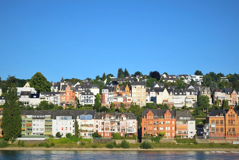 The city of Koblenz seen from a river.