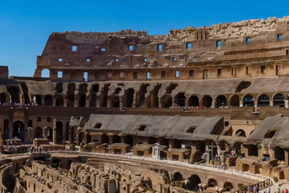 Ruins of an old stadium style architecture.
