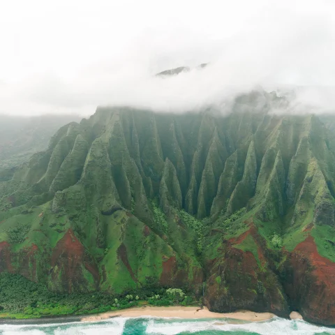 Mountains and the shore in Kauai. 