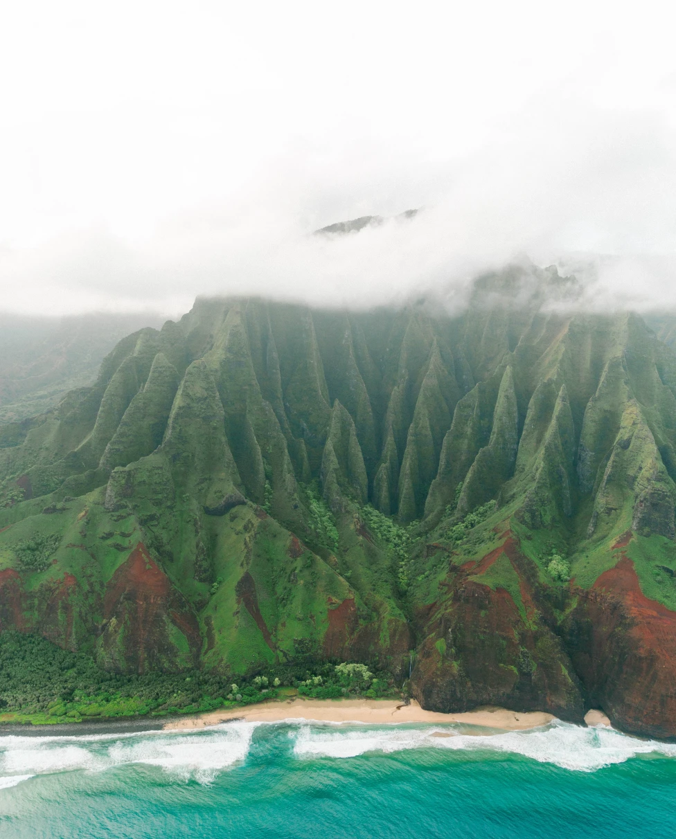 Mountains and the shore in Kauai. 