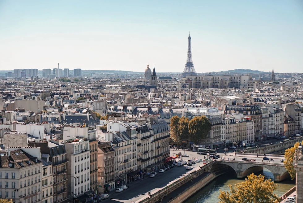 Aerial view of Paris with buildings and Eiffel Tower.