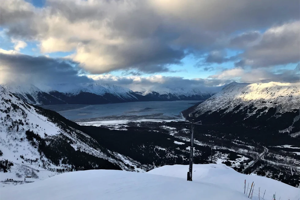 Snowy mountains on a cloudy day in Aleska ski resort.