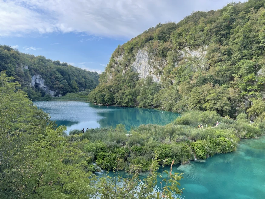 Plitvice Lakes in Croatia with clear blue waters and lush green.