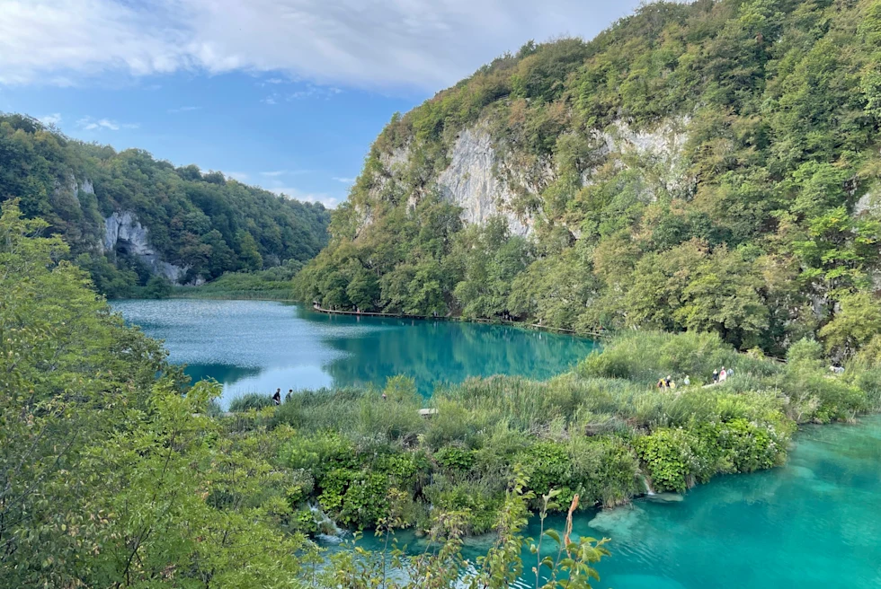 Plitvice Lakes in Croatia with clear blue waters and lush green.
