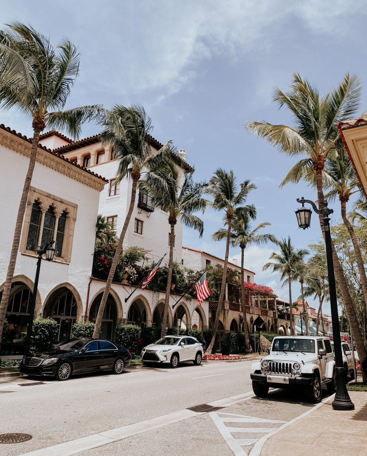 road lined with palm trees and stores during daytime