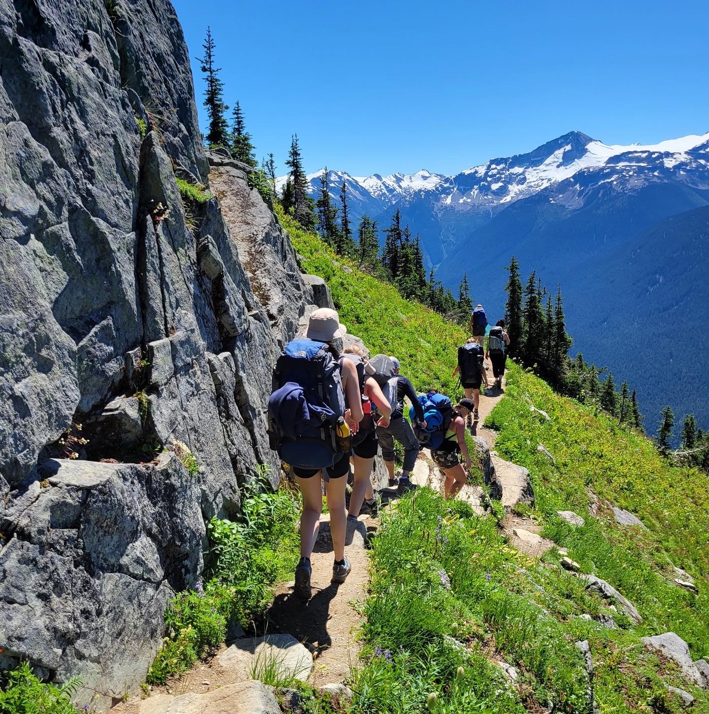 a group walks on a path on the side of a steep mountain with green foliage and snowy mountain range 