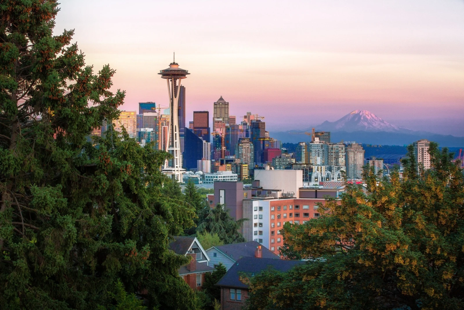 view of Seattle Space Needle and Mt. Hood