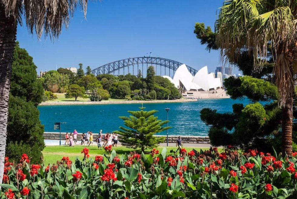 A park with river and Sydney opera house in the background.