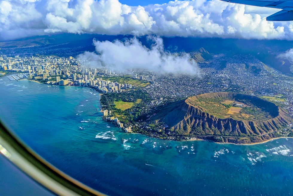 Bird's eye view of Diamond Head monument, a popular hike in Honolulu, Hawaii