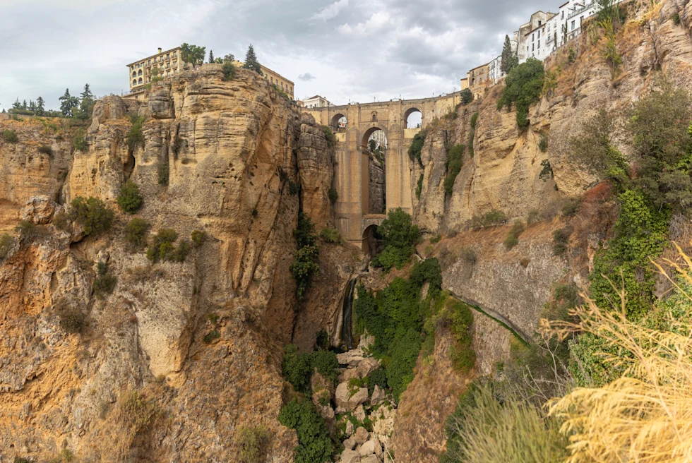 Stone bridge with green ivy during with cloudy skies during daytime