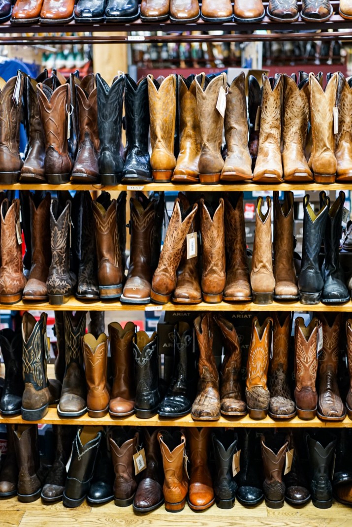 Stacks of leather cowboy boots at Allen's Boots in Austin, Texas