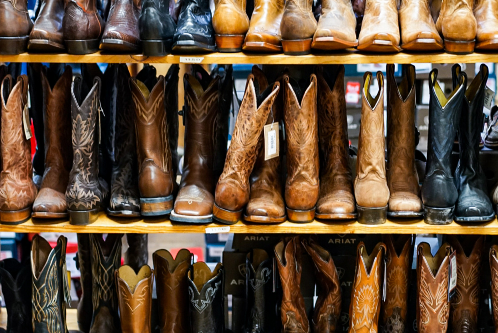 Stacks of leather cowboy boots at Allen's Boots in Austin, Texas