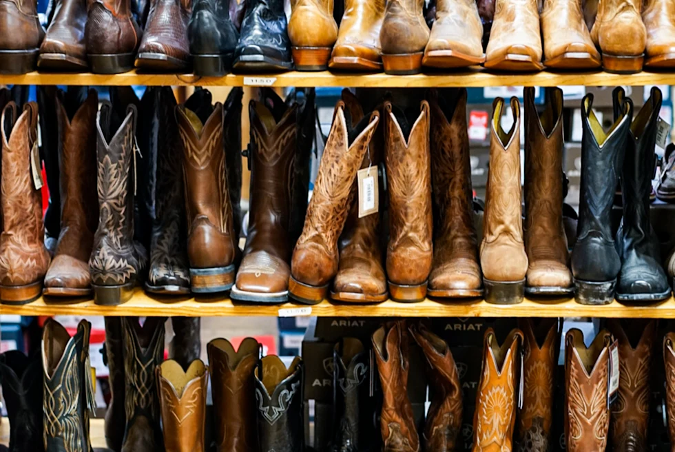 Stacks of leather cowboy boots at Allen's Boots in Austin, Texas