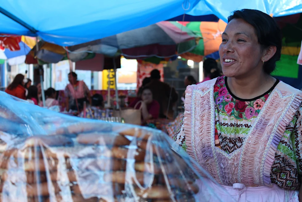 A woman wearing a colorful shirt and pink apron at a food stall with cookies