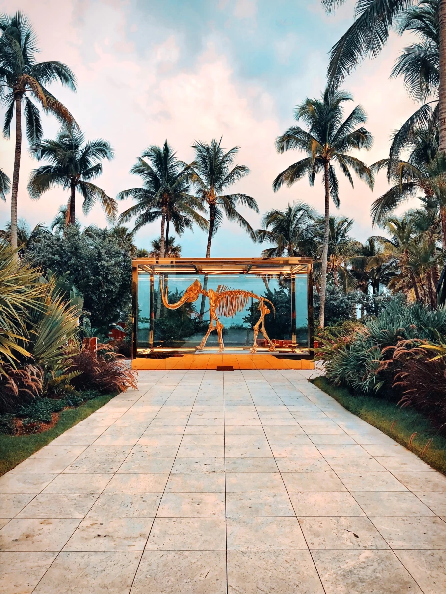 art display next to palm trees with blue skies