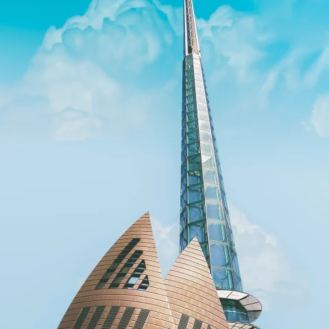 Bell Tower against the sky in Perth, Australia. 