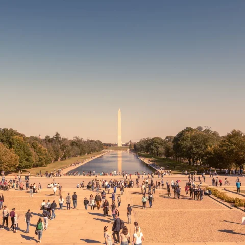 the national mall in washington DC on a busy summer day 