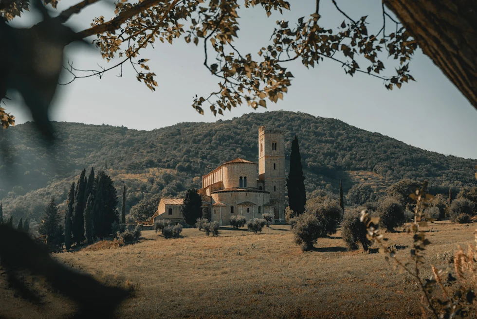 The rolling hills of Montalcino with a castle on top.