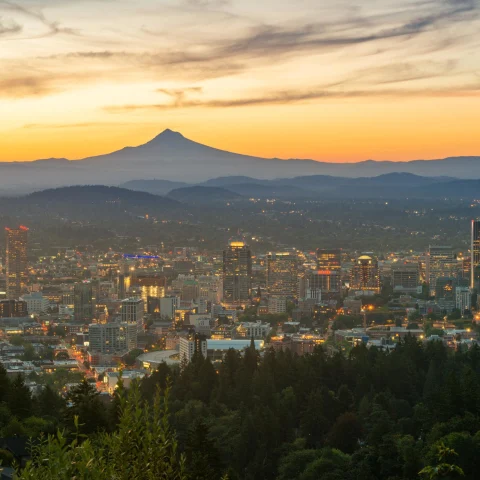 city skyline with mountains during sunset