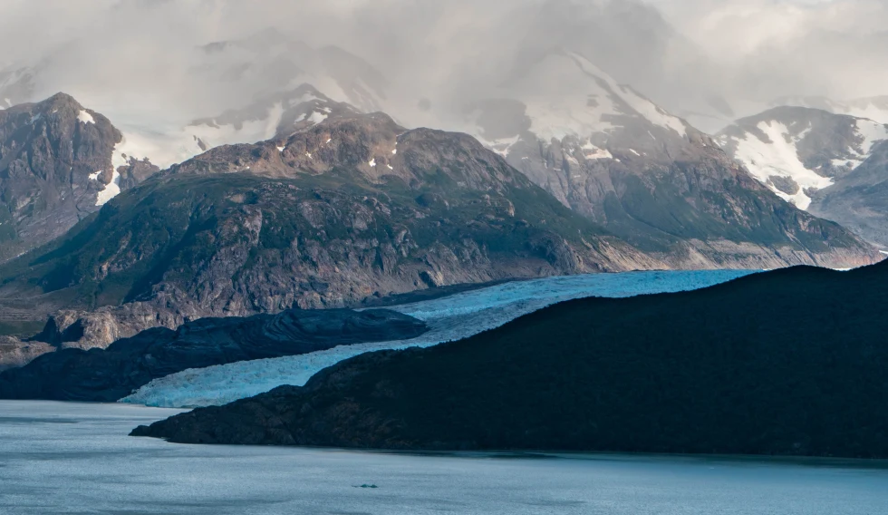 glaciers and snowy mountains in the distance