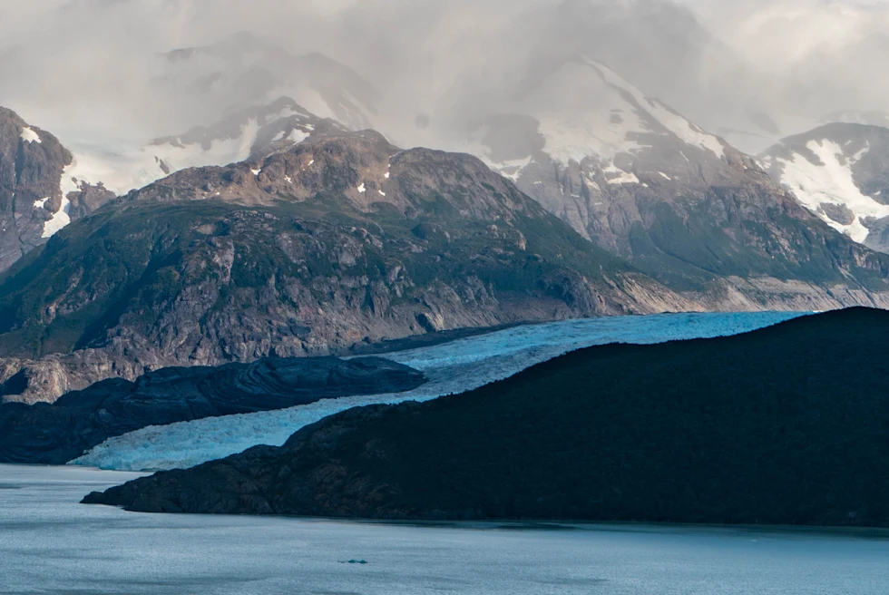 glaciers and snowy mountains in the distance