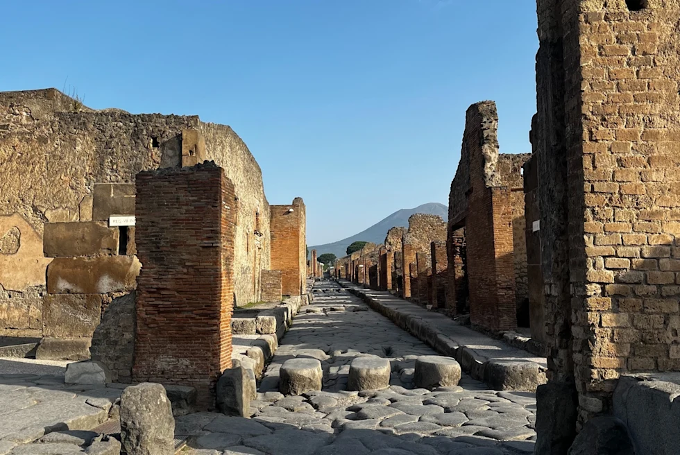 A brick floor with brown ruins of old buildings.