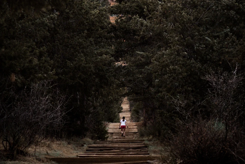 person walking up a steep set of stairs