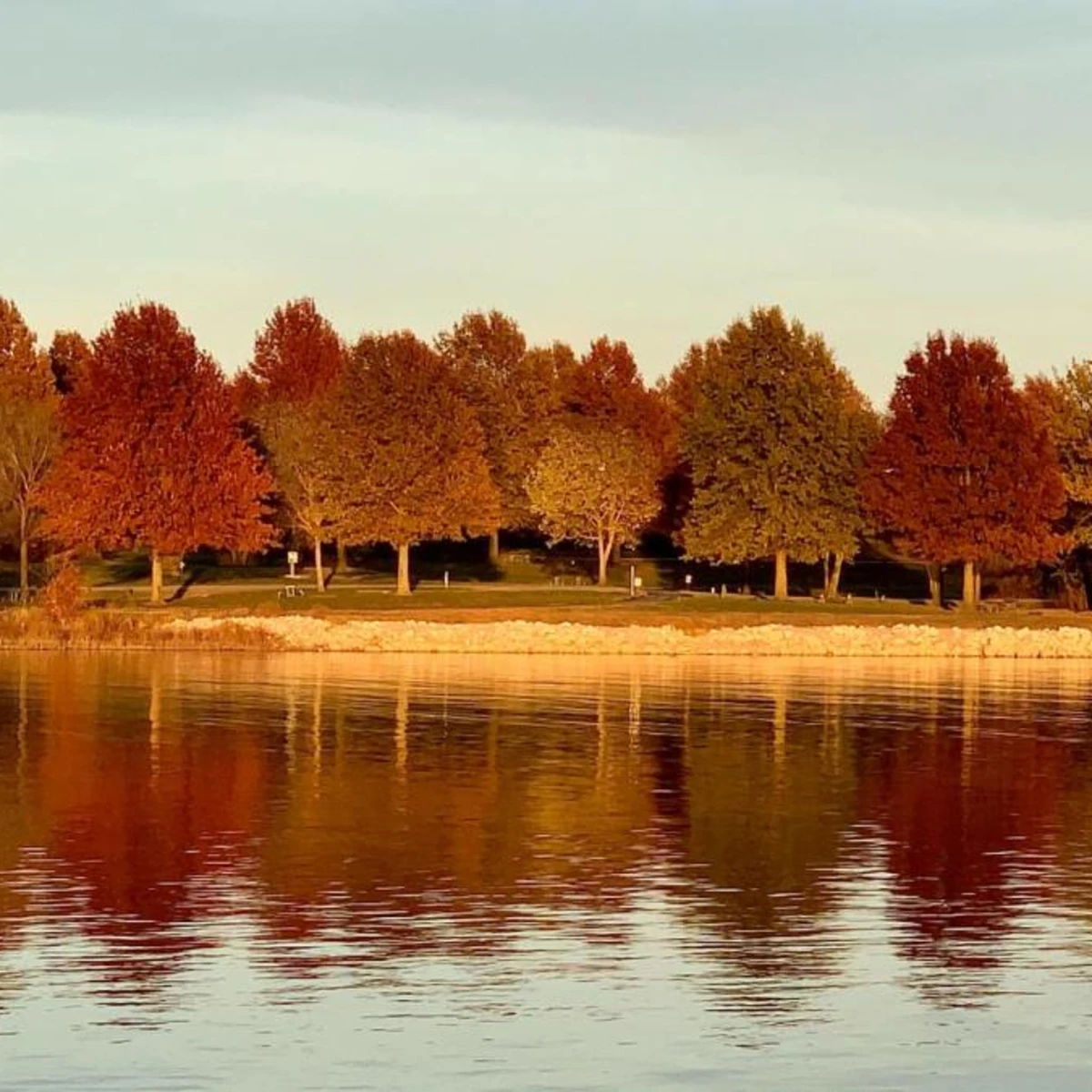 Fall foliage of red, auburn and orange trees reflecting on clear lake in Missouri.