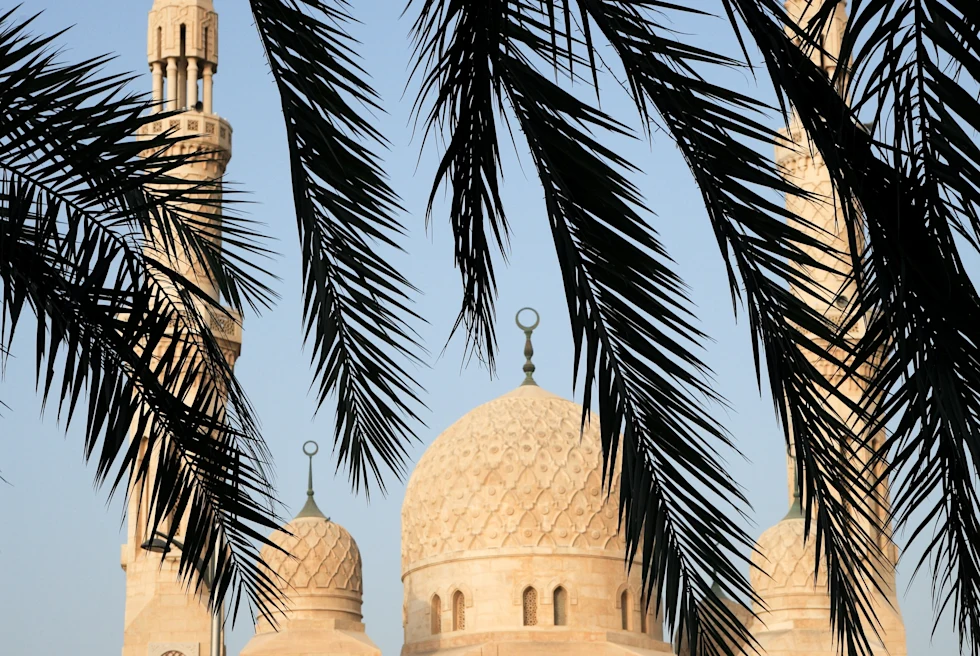 Jumeirah Mosque with trees in the foreground with a blue sky