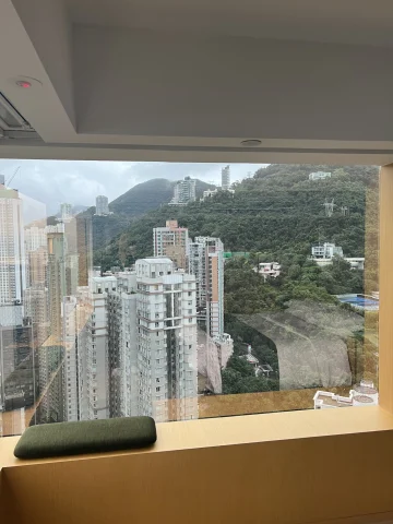 A view of Hong Kong's mountains and buildings from a hotel window.